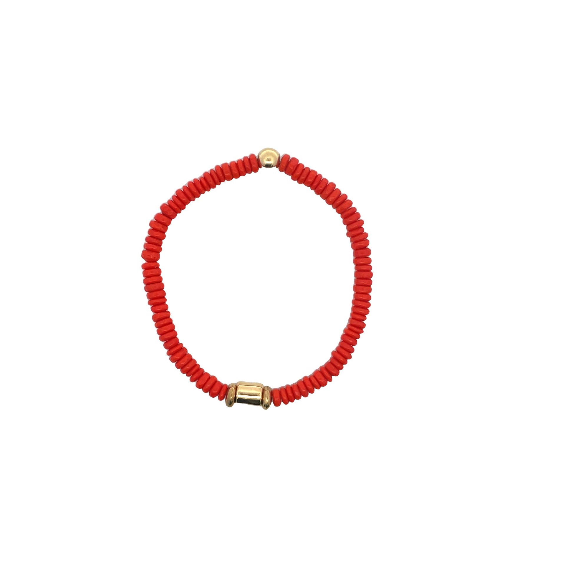 A vibrant red beaded stretch bracelet features a gold-tone accent bead against a clean white background.