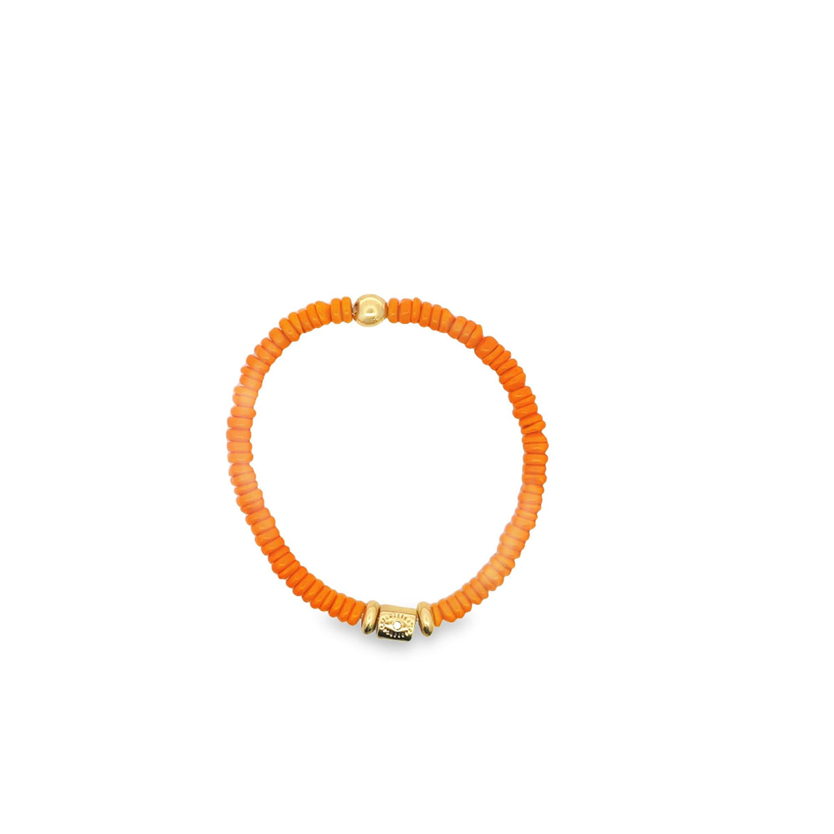 A vibrant orange heishi bead bracelet features gold accent beads against a clean white background.