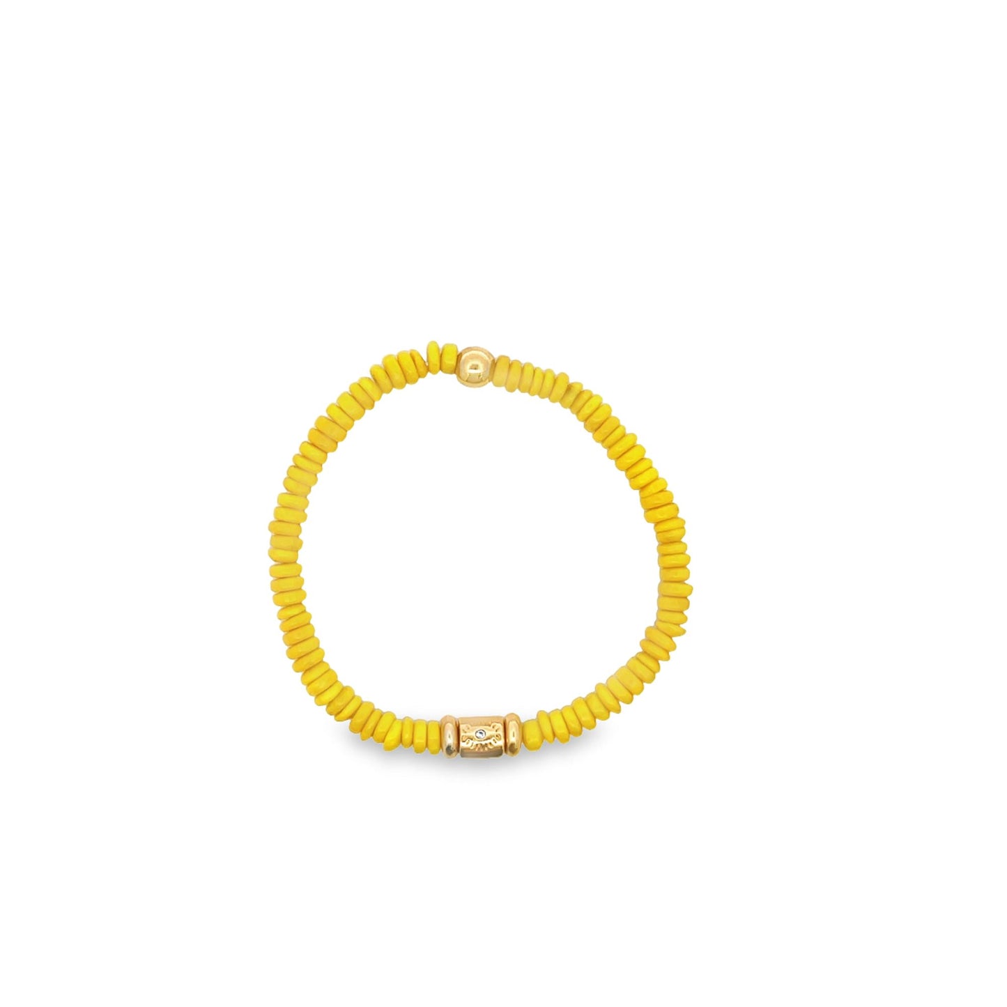 A vibrant yellow heishi bead bracelet features a central gold accent charm against a white background.