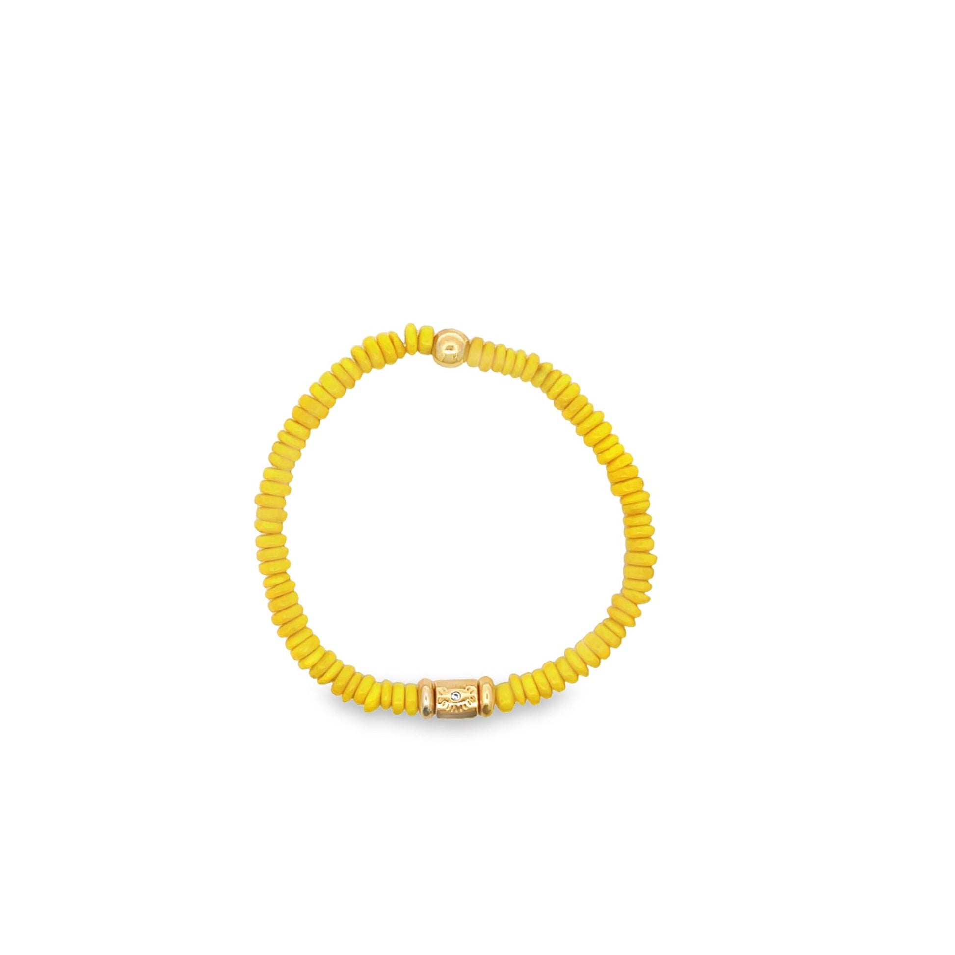 A vibrant yellow heishi bead bracelet features a central gold accent charm against a white background.