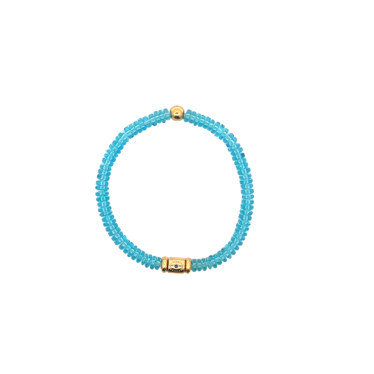 A vibrant turquoise beaded stretch bracelet features a gold evil eye charm and a single gold ball bead.