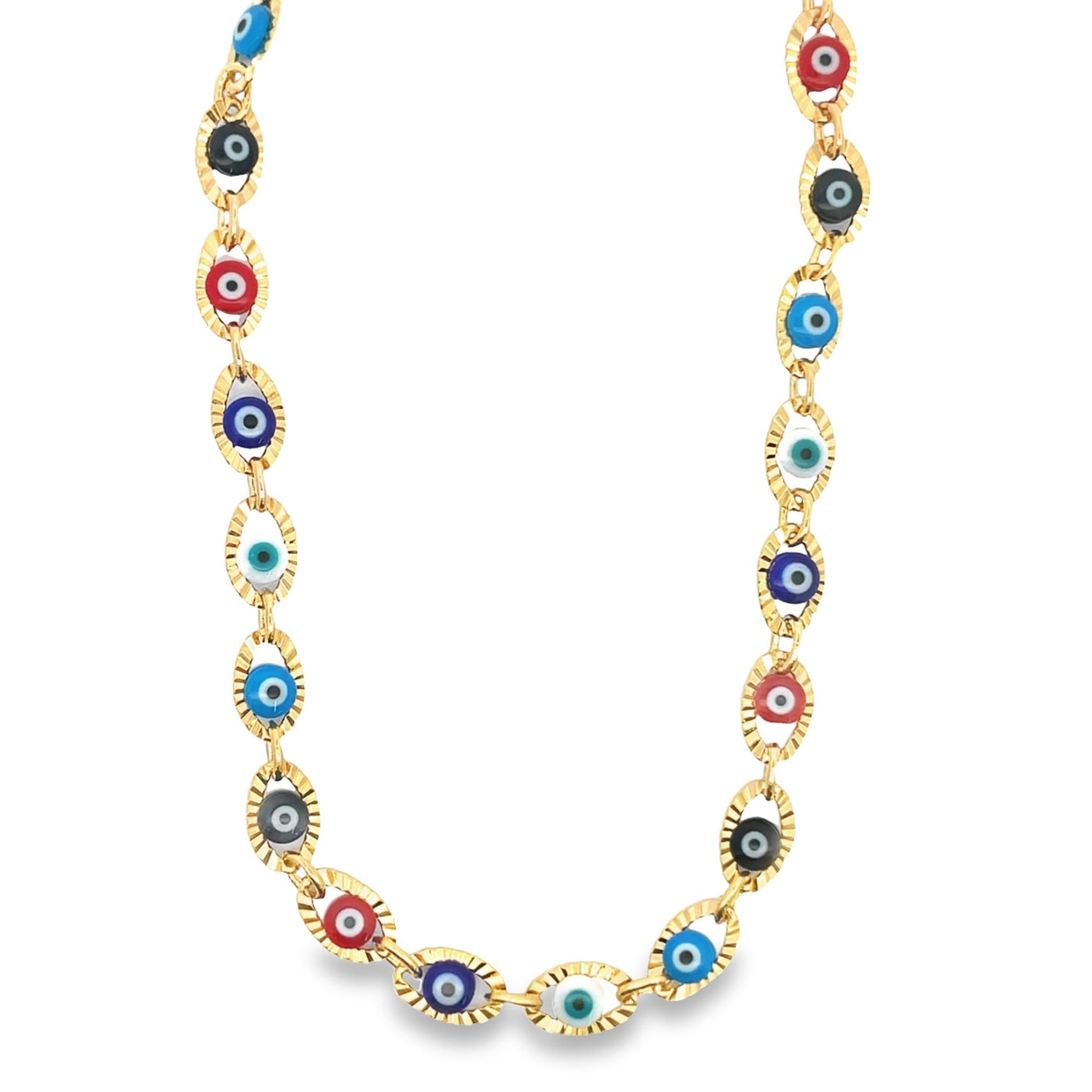 A gold chain necklace displays alternating multi-colored evil eye charms in shades of blue, red, black, and white.