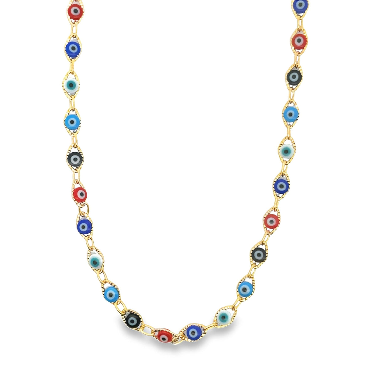 A delicate gold chain necklace features a repeating pattern of colorful evil eye beads in blue, red, black, and turquoise.