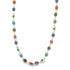 A delicate gold chain necklace features a repeating pattern of colorful evil eye beads in blue, red, black, and turquoise.