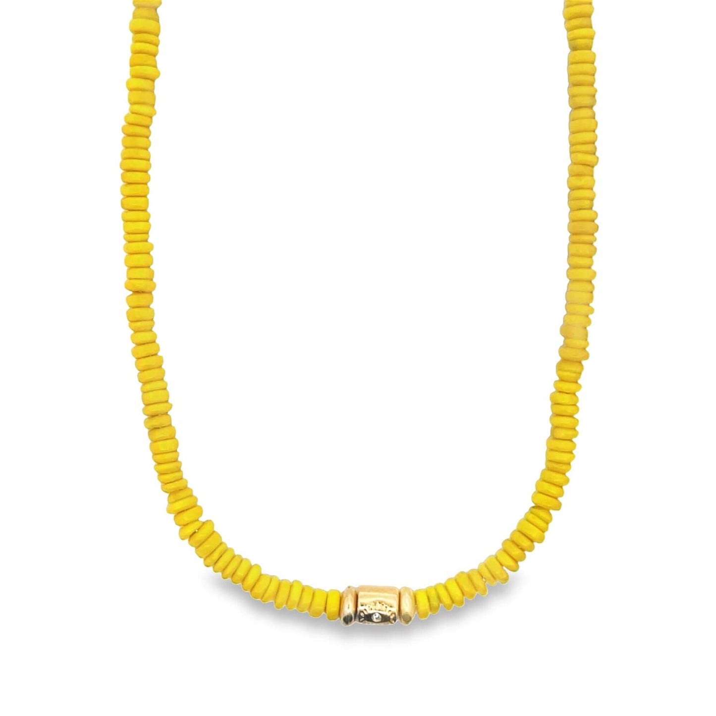A vibrant yellow beaded necklace features a central gold accent piece on a white background.