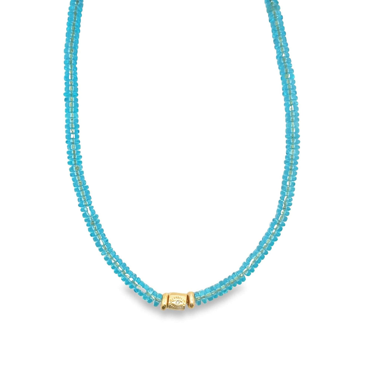 A vibrant turquoise beaded necklace features a central gold evil eye charm.