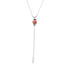 A delicate silver lariat necklace features a central terracotta-colored stone bead suspended against a plain white background.