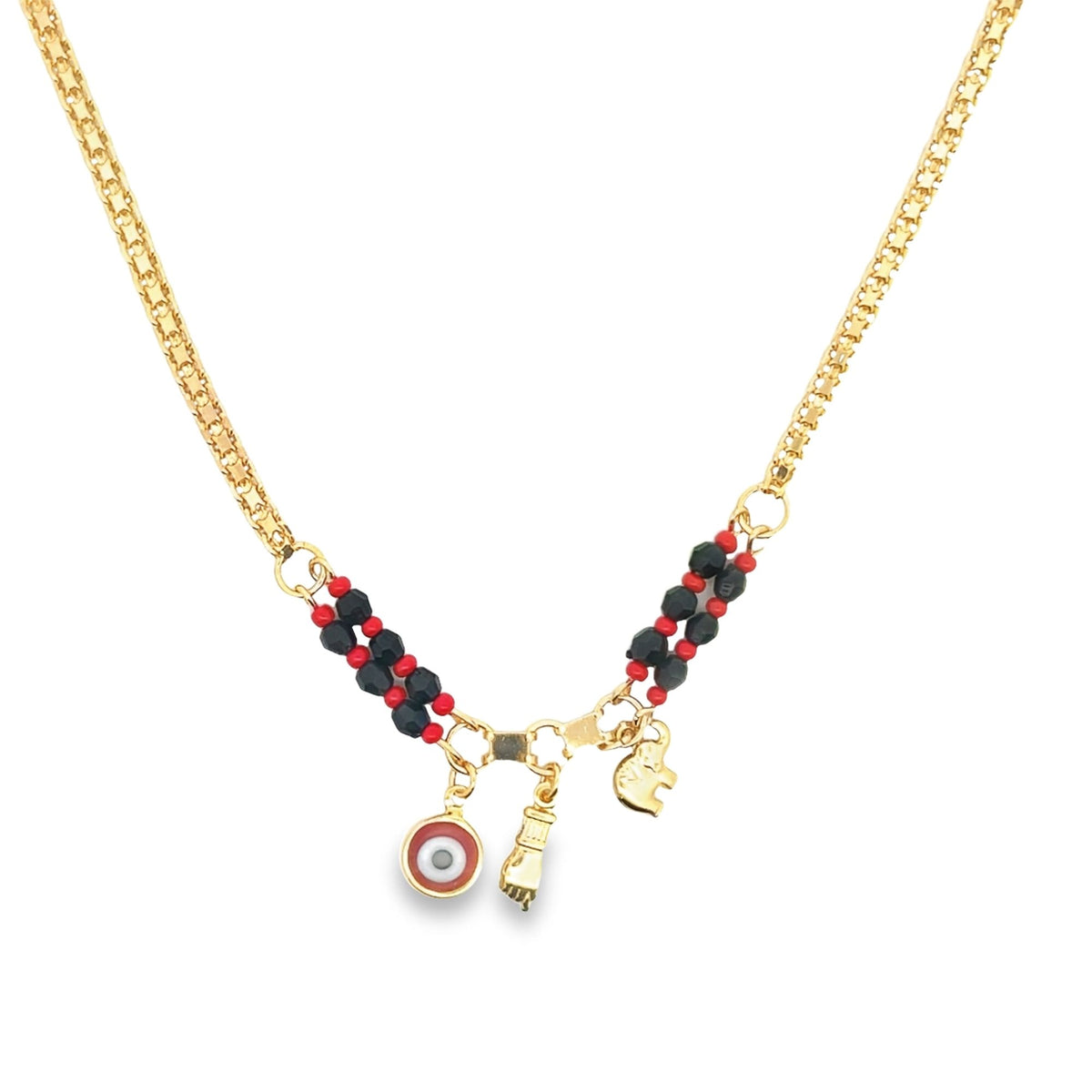 A gold chain necklace features alternating black and red beads alongside evil eye and figa hand charms.