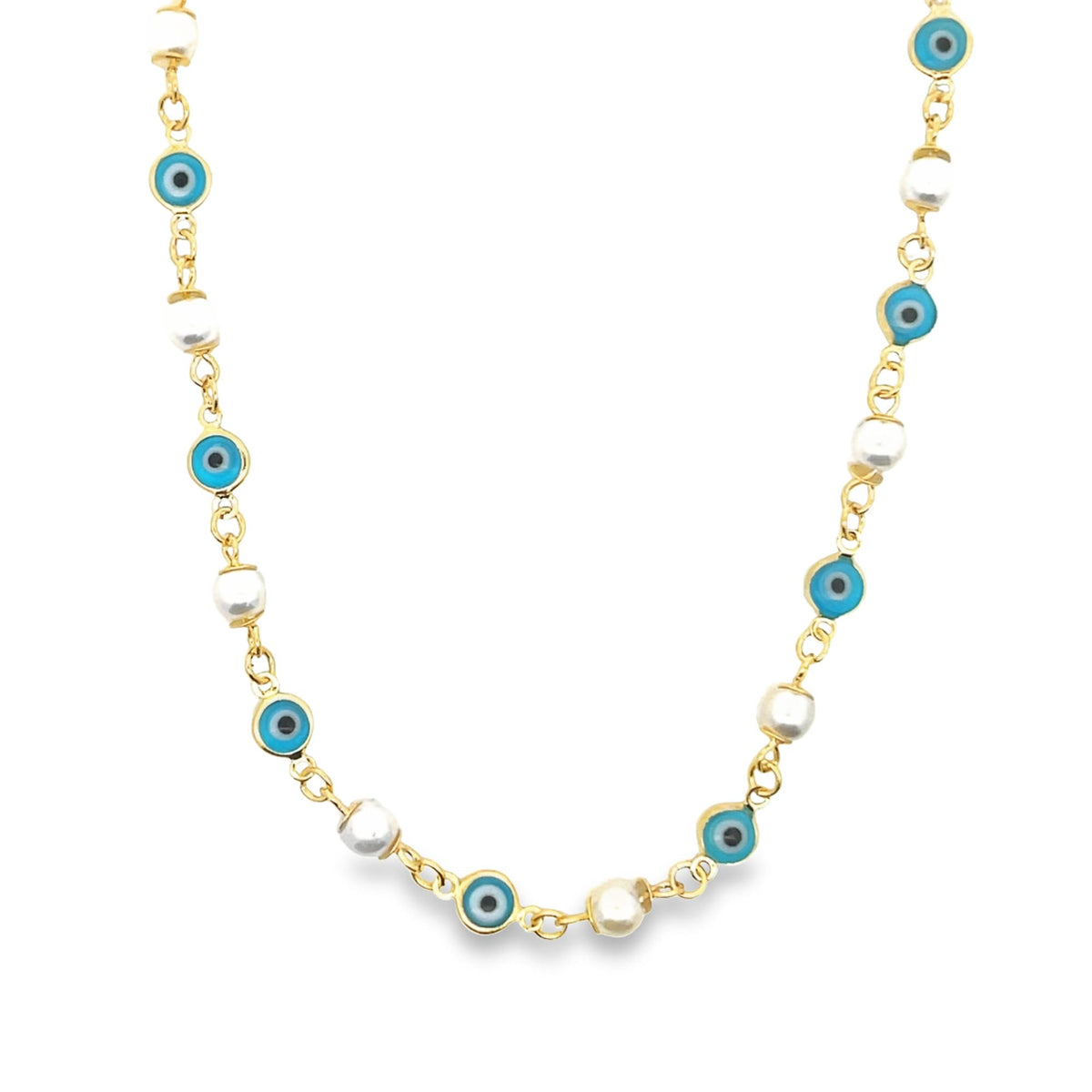 A delicate gold chain necklace features alternating blue evil eye beads and white pearls against a clean white background.