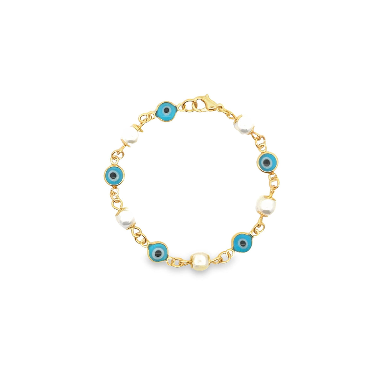 A delicate gold chain bracelet features alternating blue evil eye beads and white pearls against a plain white background.