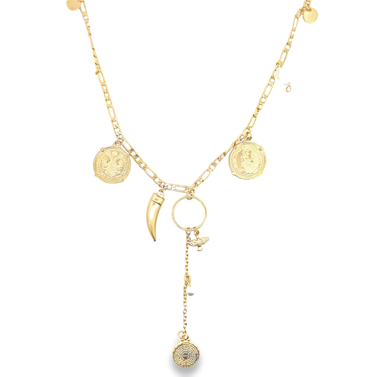 A gold charm necklace features various hanging trinkets, including coin medallions, a horn, and a dangling pendant.