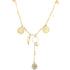 A gold charm necklace features various hanging trinkets, including coin medallions, a horn, and a dangling pendant.