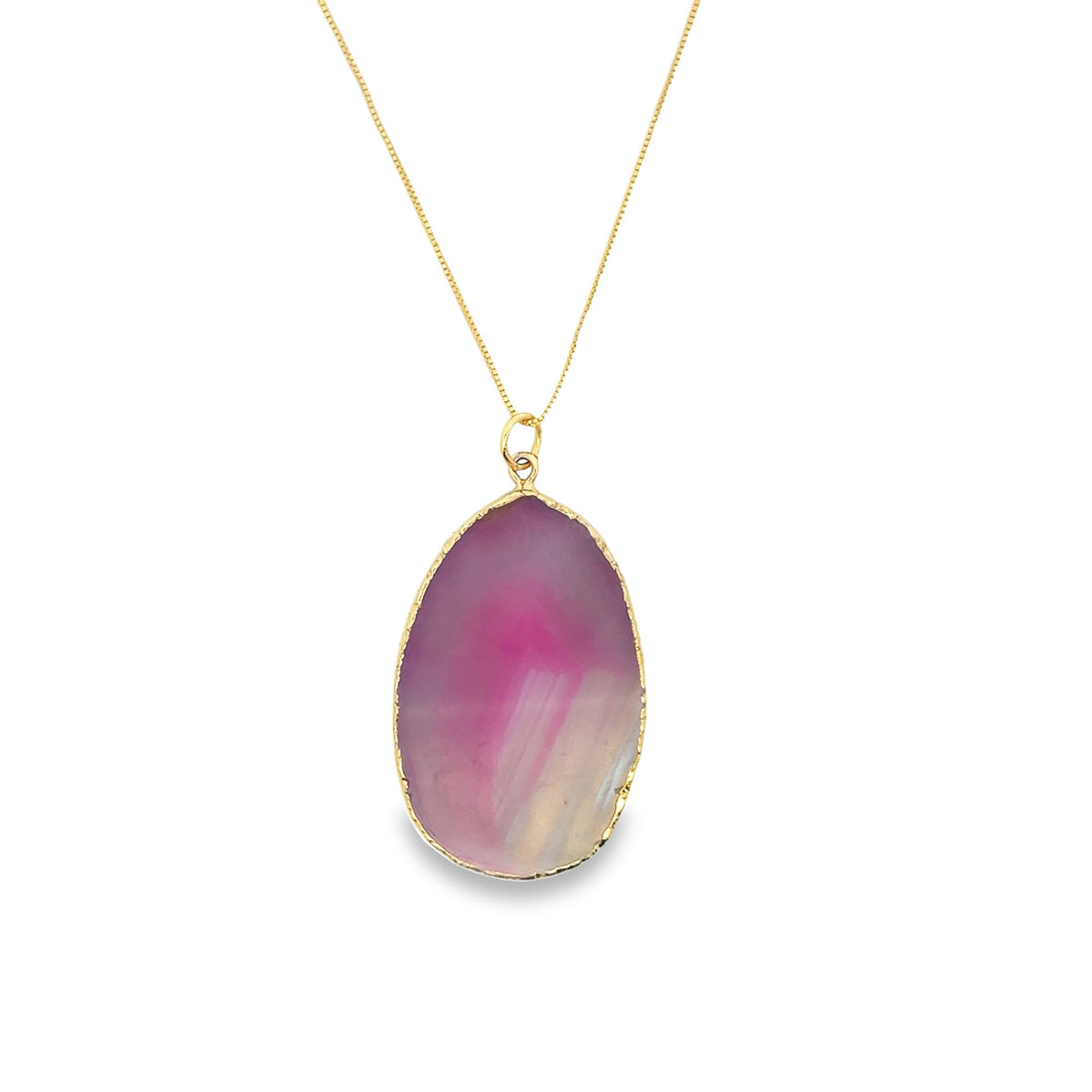 A delicate gold chain holds a stunning pink and white agate stone pendant, suspended against a clean white background.