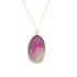 A delicate gold chain holds a stunning pink and white agate stone pendant, suspended against a clean white background.