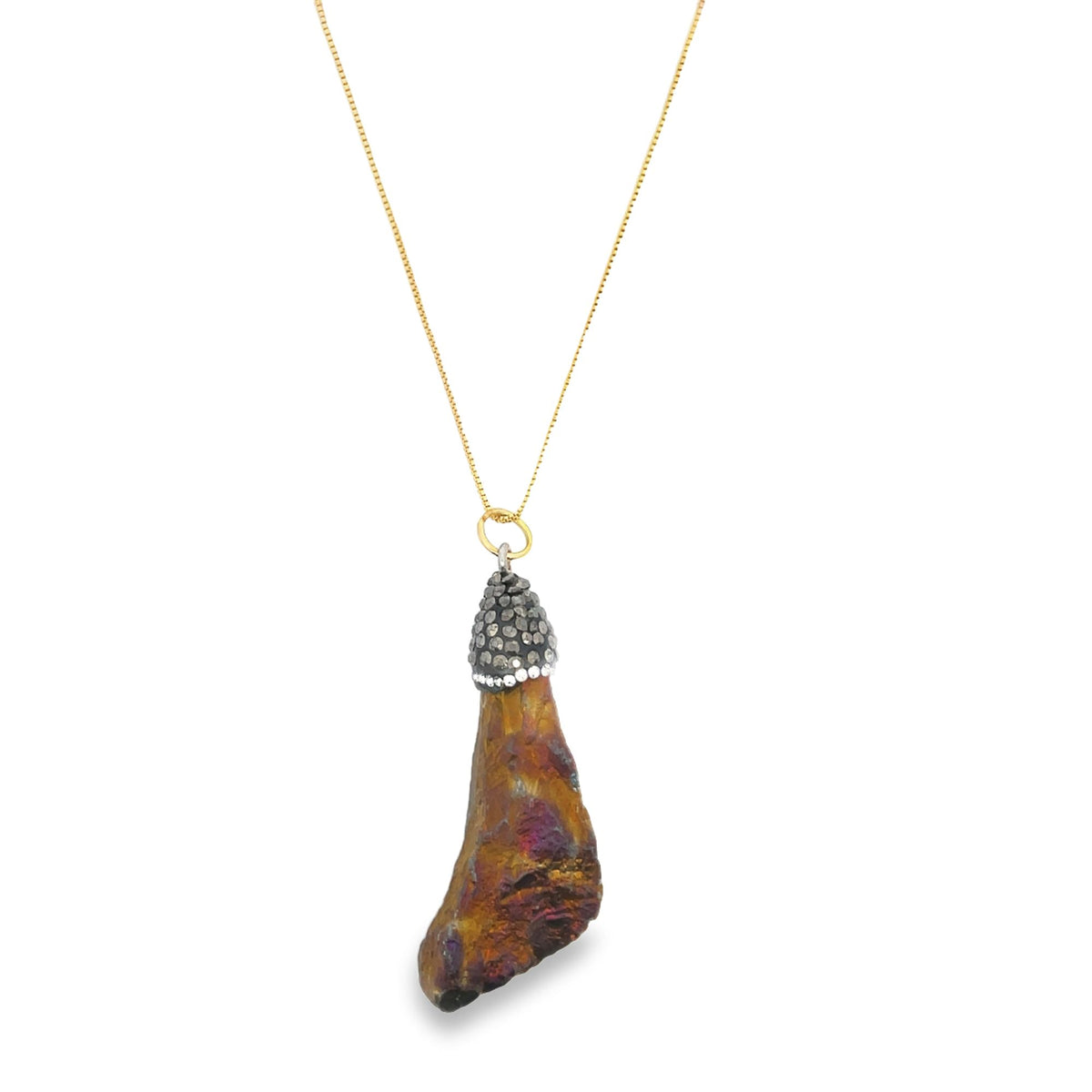 A delicate gold chain suspends a raw, iridescent crystal pendant capped with sparkling pavé diamonds.