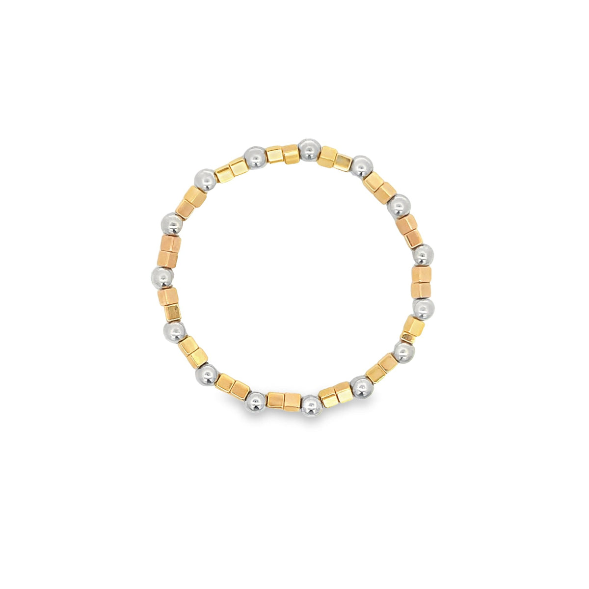 A beaded stretch ring features alternating silver spheres and gold cube spacers against a plain white background.