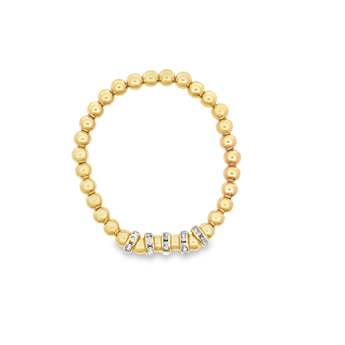 A sleek gold beaded stretch bracelet features sparkling diamond-accented metal stations at the bottom center.