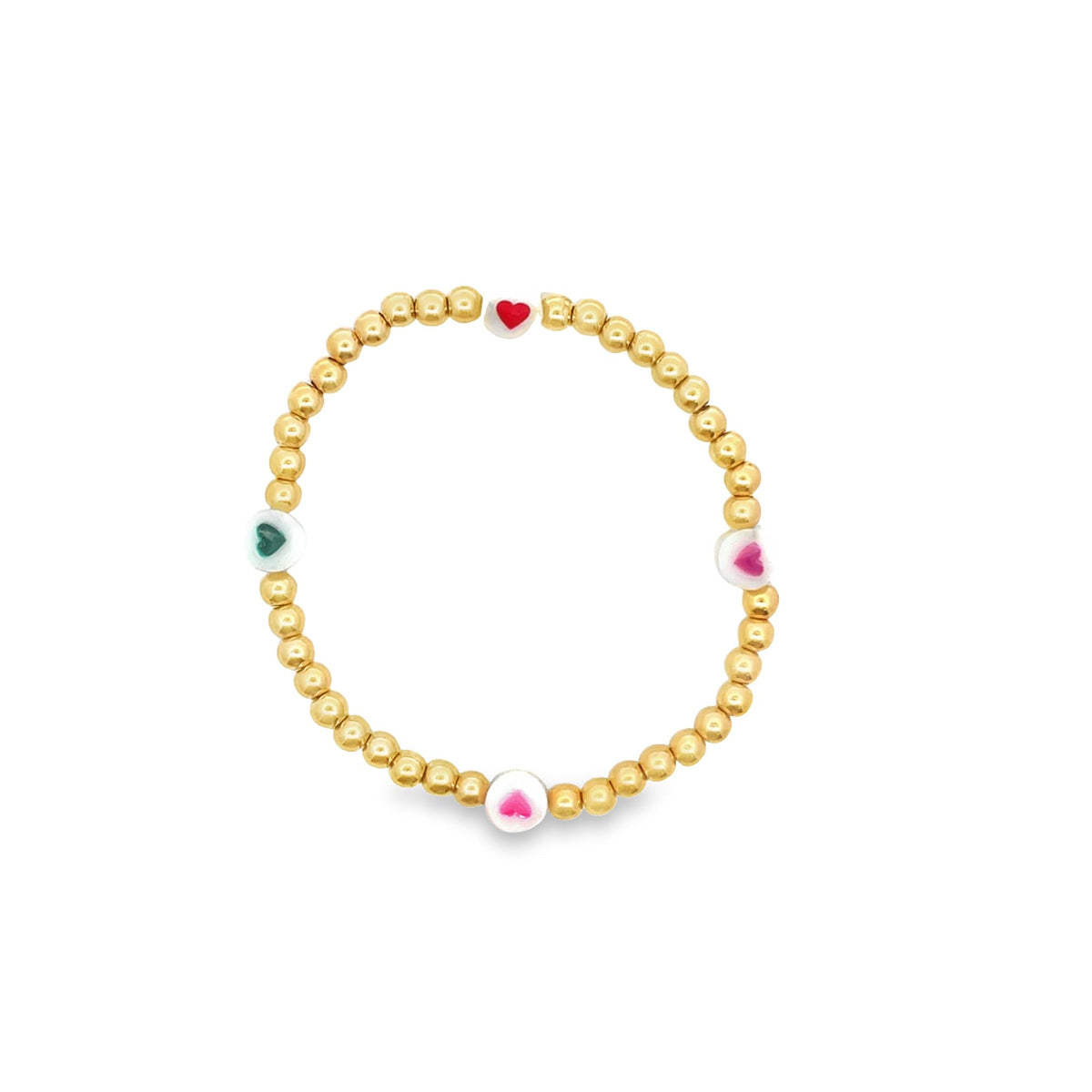 A gold bead stretch bracelet features colorful heart-shaped accent beads spaced evenly around the band.