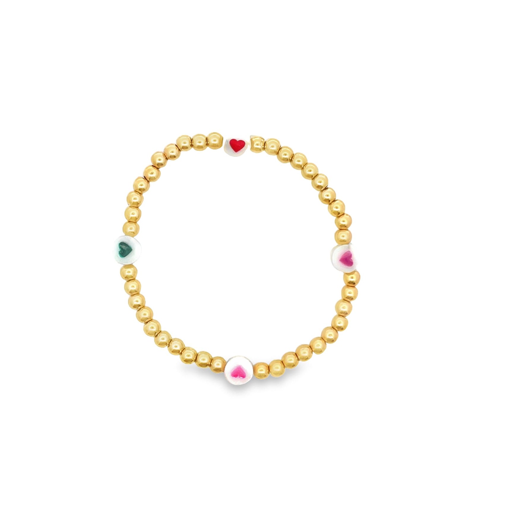A gold bead stretch bracelet features colorful heart-shaped accent beads spaced evenly around the band.