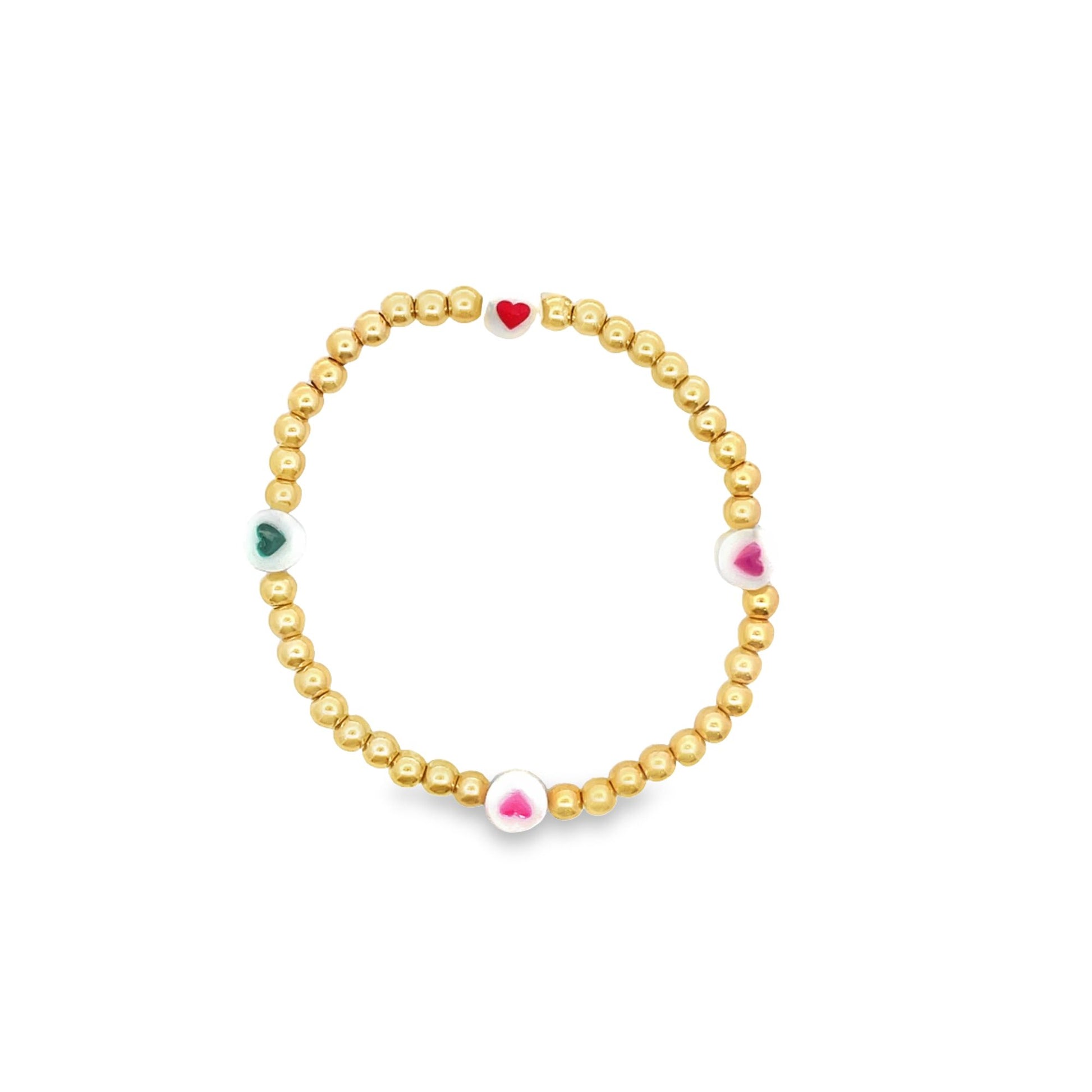 A gold bead stretch bracelet features colorful heart-shaped accent beads spaced evenly around the band.