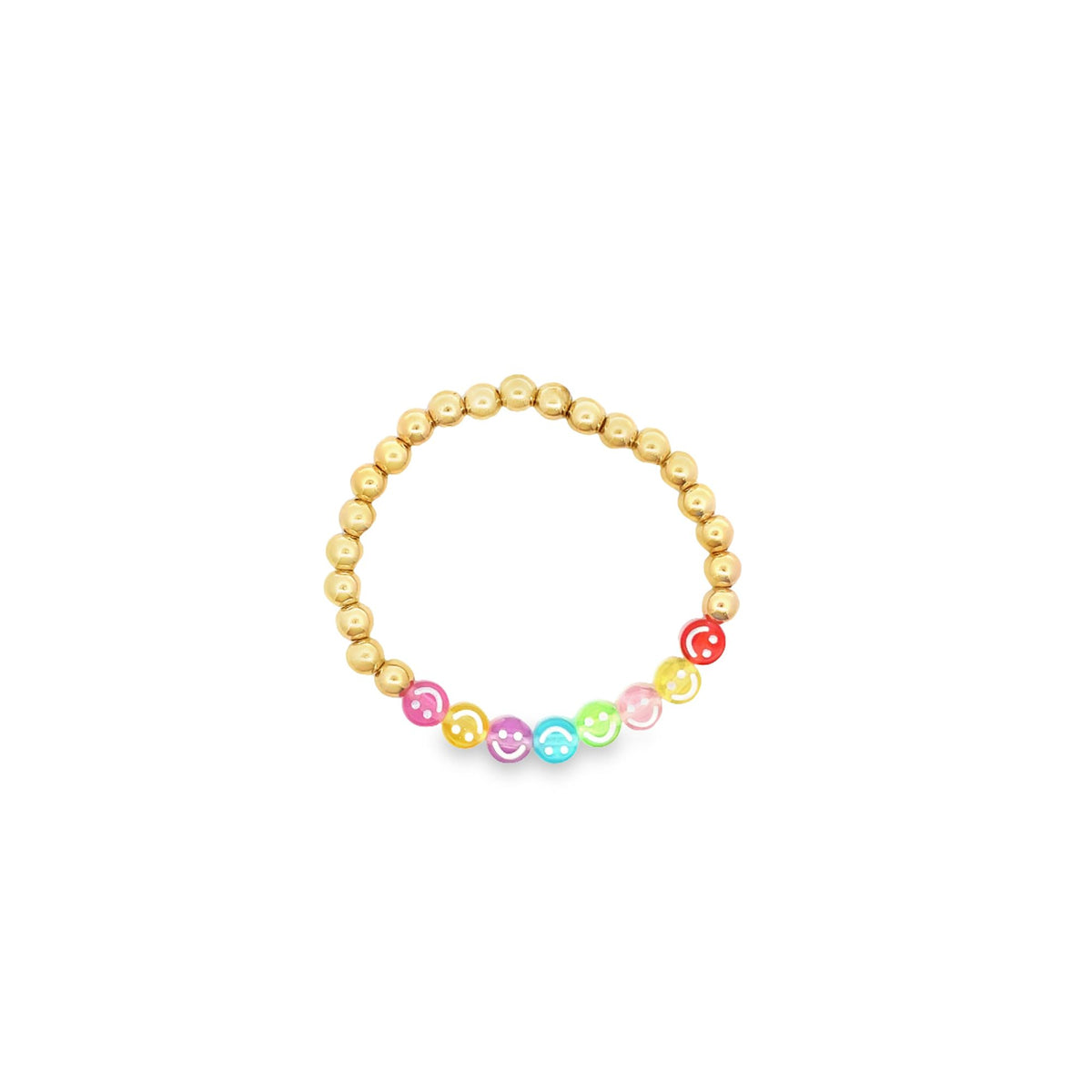 A playful gold beaded ring features a colorful rainbow of smiley face beads along the bottom.