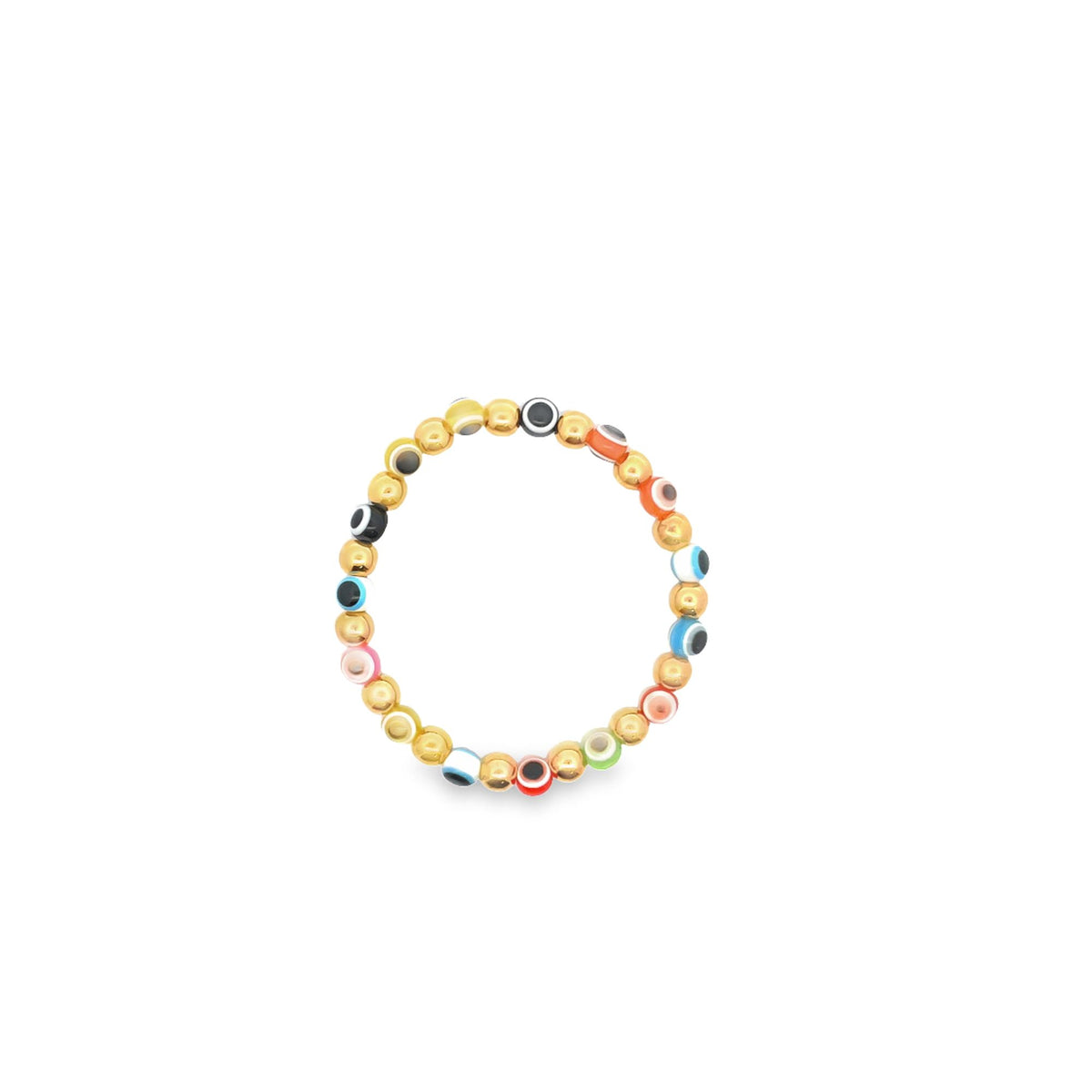 A gold beaded ring features colorful evil eye beads spaced evenly around the band.