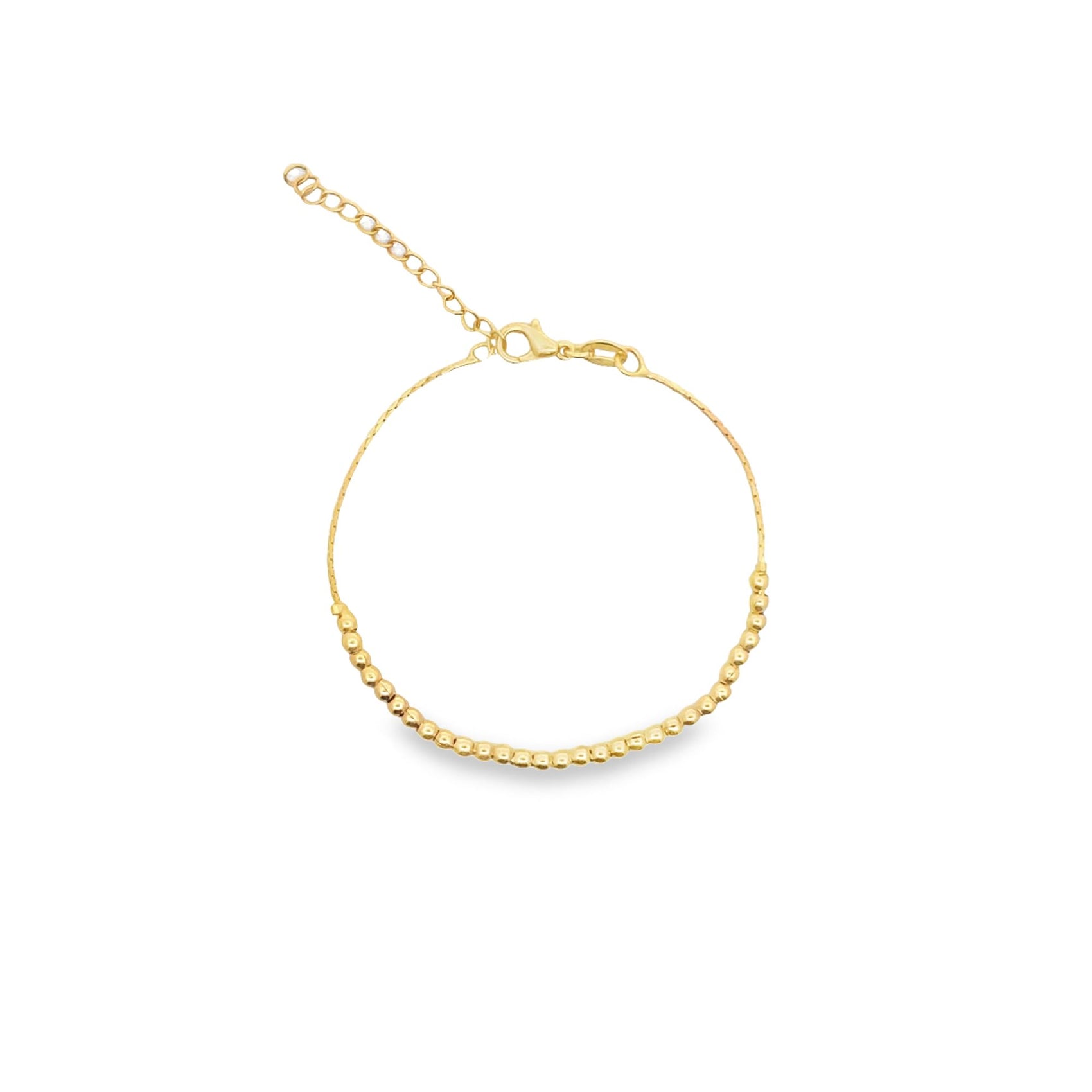 A delicate gold chain bracelet features a strand of tiny beads along the bottom curve and an adjustable clasp.