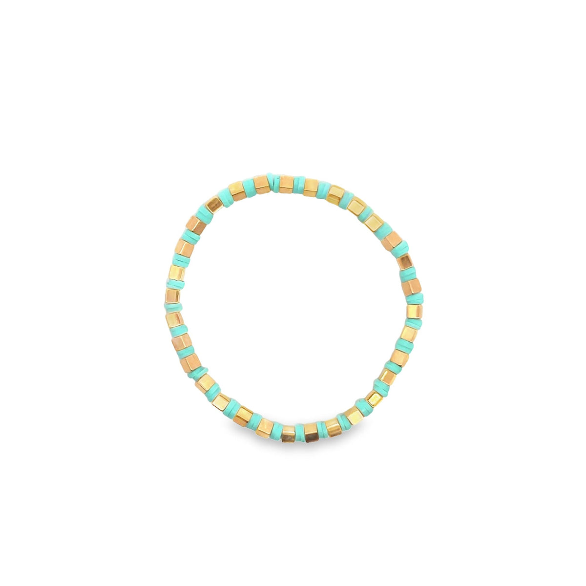 A vibrant beaded stretch bracelet features alternating turquoise heishi discs and metallic gold cube spacers against a clean white background.