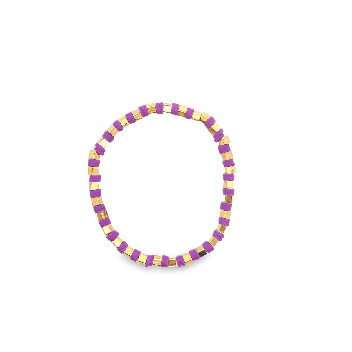 A handmade stretch bracelet features alternating purple polymer clay heishi beads and metallic gold spacer cubes against a clean white background.