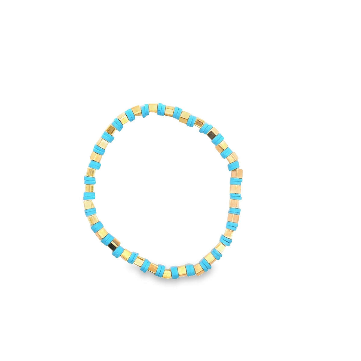 A colorful beaded bracelet made of turquoise clay disc beads and shiny gold spacer cubes rests on a white background.