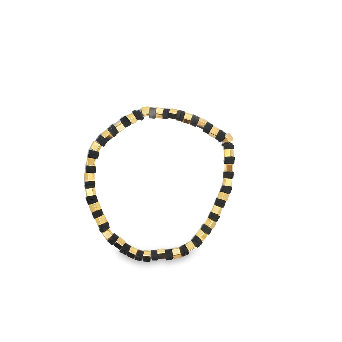 A beaded stretch bracelet features alternating matte black disk beads and shiny gold metallic cube beads against a plain white background.