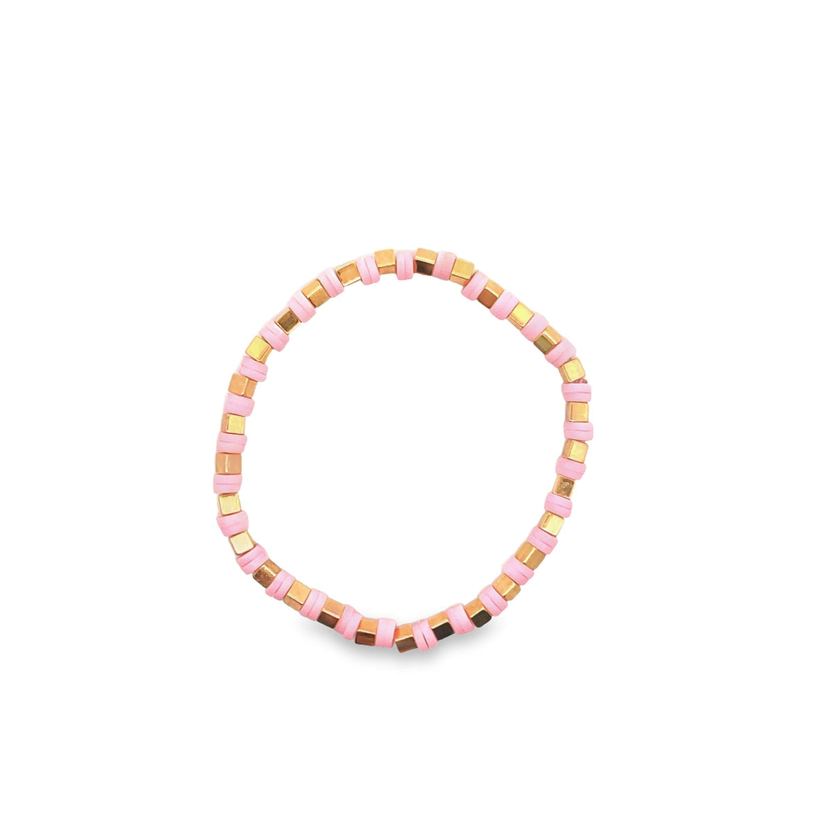 A handmade beaded bracelet features alternating pink polymer clay disk beads and metallic gold square spacers on a white background.