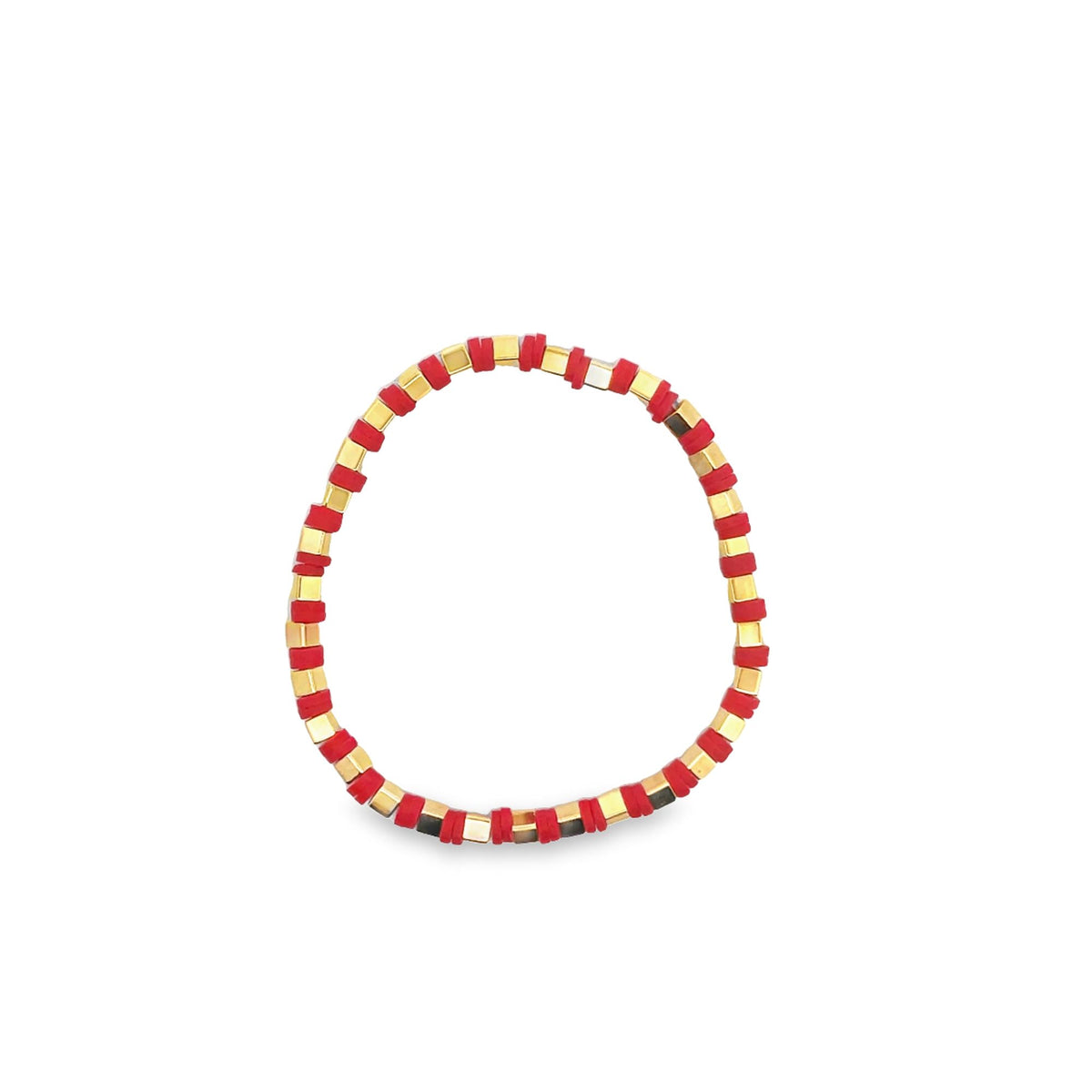 A colorful beaded bracelet features alternating red clay discs and metallic gold spacer beads against a clean white background.