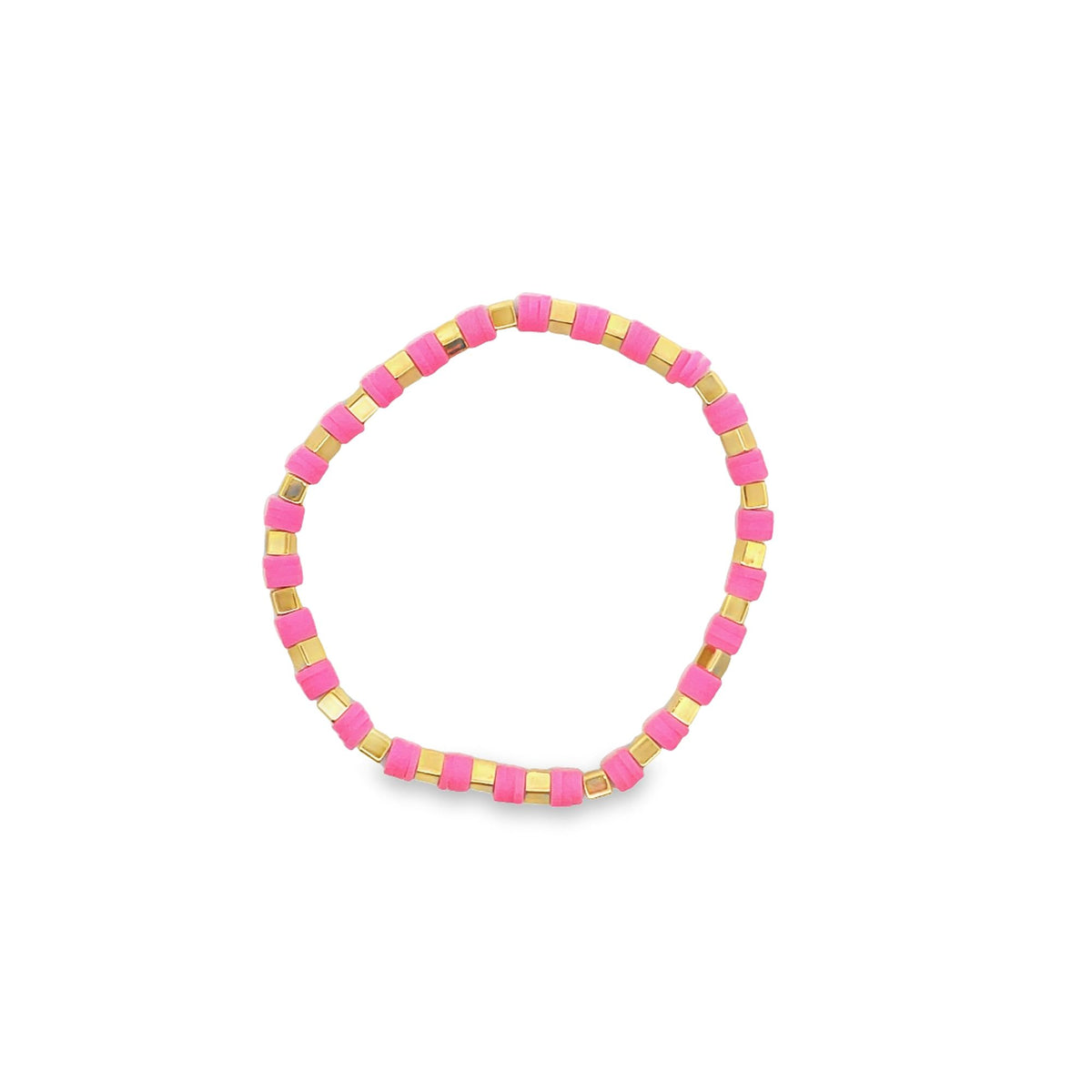 A bright pink heishi bead bracelet features alternating metallic gold spacer beads against a clean white background.
