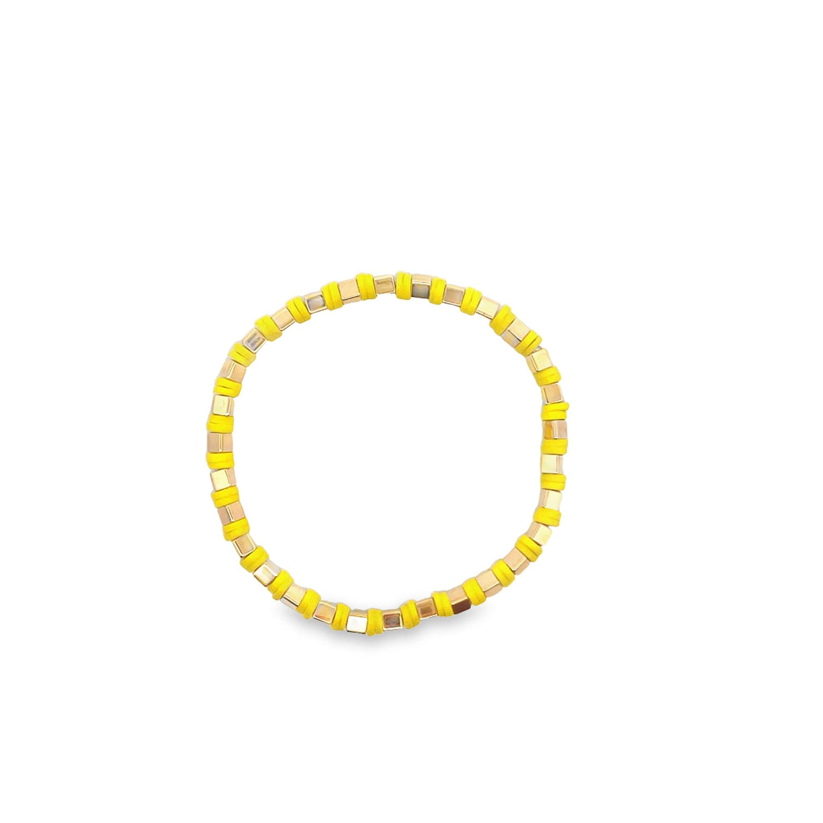 A vibrant yellow beaded stretch bracelet features alternating disc and metallic cube beads against a plain white background.