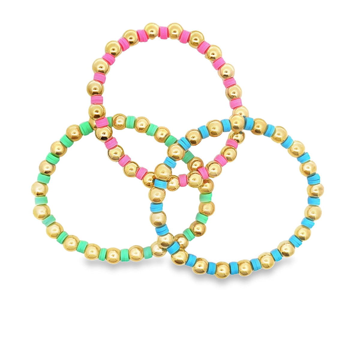 Three stacked handmade beaded stretch bracelets feature alternating metallic gold spheres and colorful neon polymer clay disc beads in pink, green, and blue.