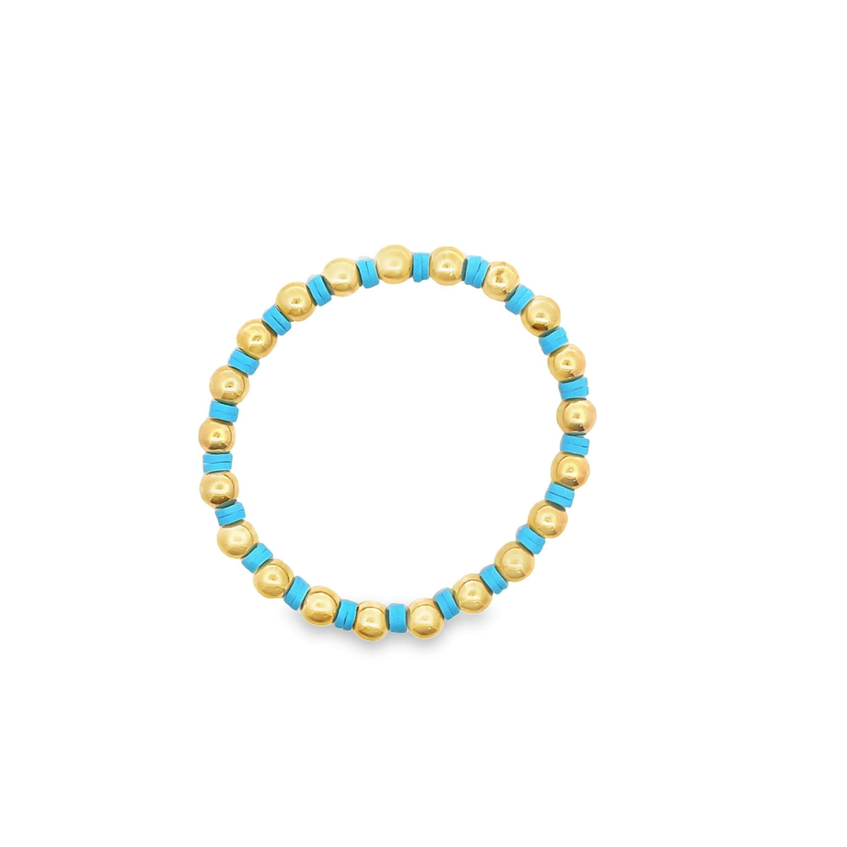 A beaded stretch bracelet features alternating round gold beads and small turquoise heishi discs on a clean white background.