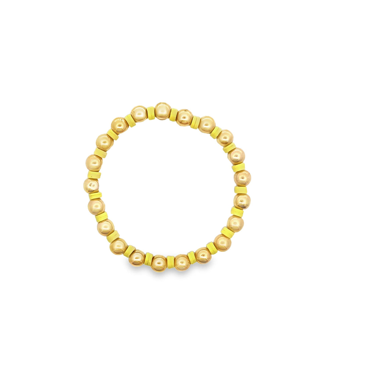 A beaded stretch bracelet features alternating shiny gold ball beads and vibrant yellow disk beads arranged in a circle on a white background.