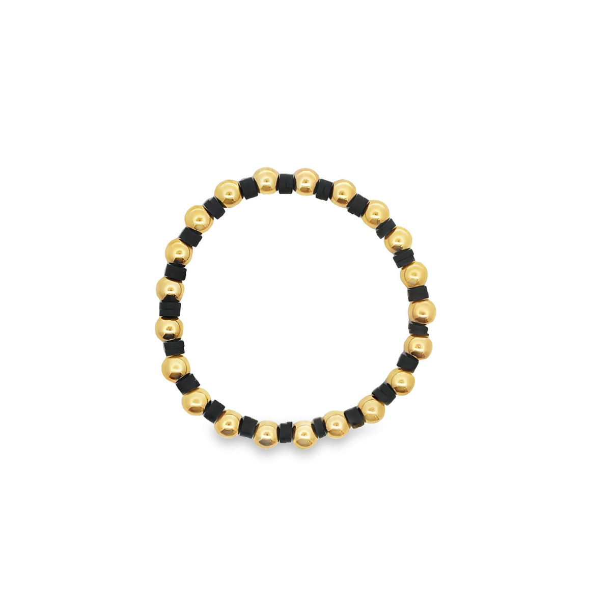 A beaded stretch bracelet features alternating polished gold-tone round beads and small black disk spacers against a plain white background.