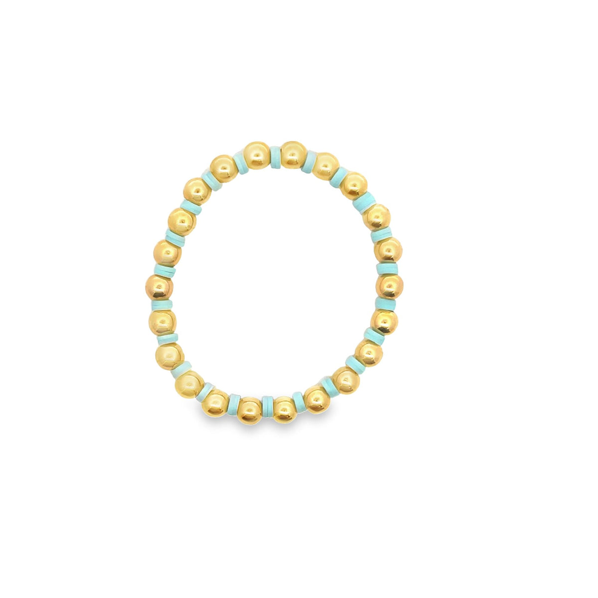 A handmade beaded bracelet features alternating metallic gold spheres and light blue disc beads arranged in a circle against a white background.