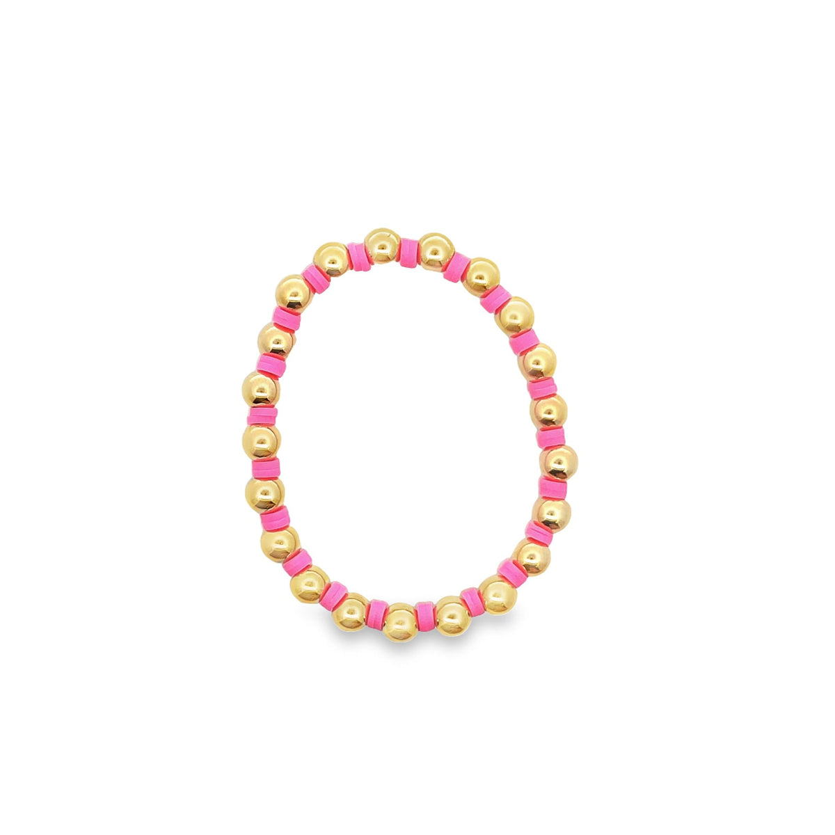 A vibrant pink and gold beaded bracelet rests on a clean white background.