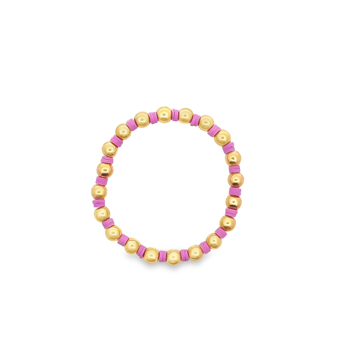A handmade beaded bracelet features alternating shiny gold spheres and flat pink discs arranged in a circle against a white background.