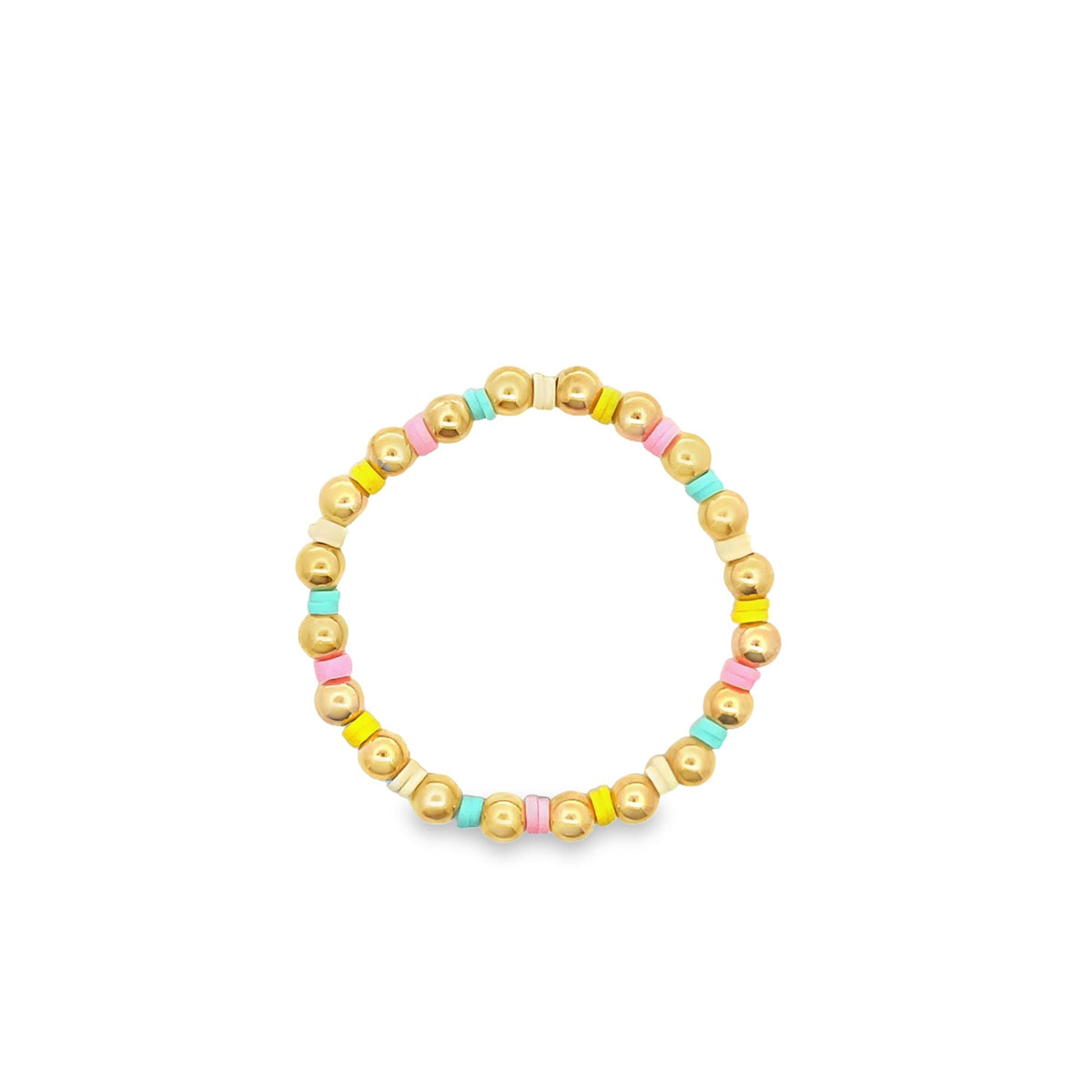 A vibrant beaded bracelet features alternating gold spheres and colorful heishi disk beads on a white background.