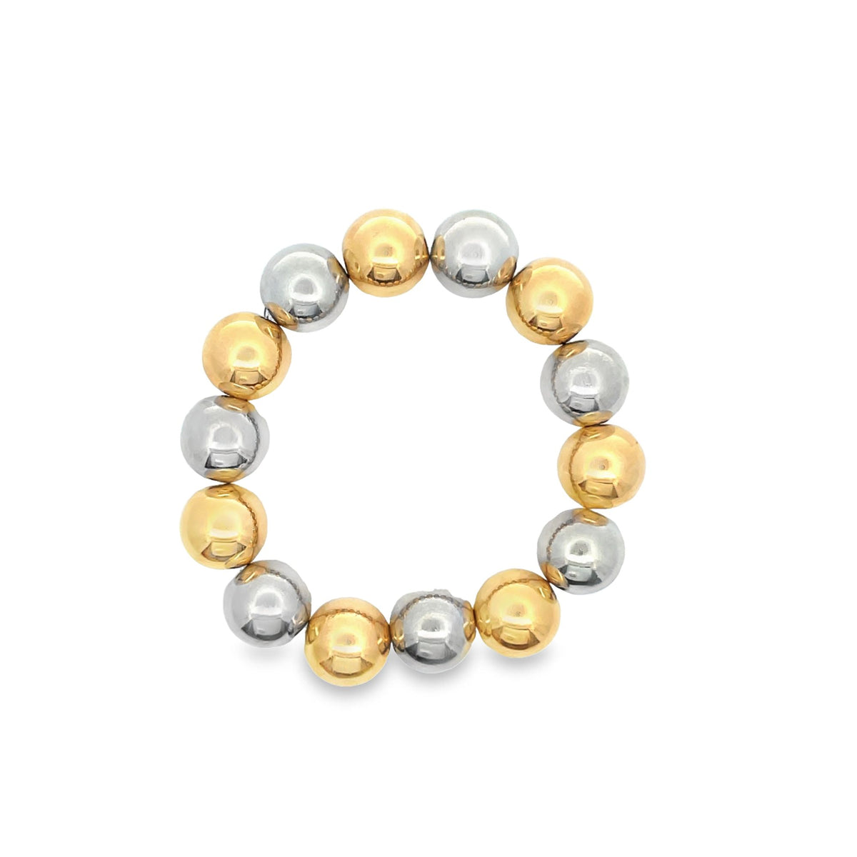 A two-tone bead ring features alternating polished yellow gold and silver spheres arranged in a circular band.