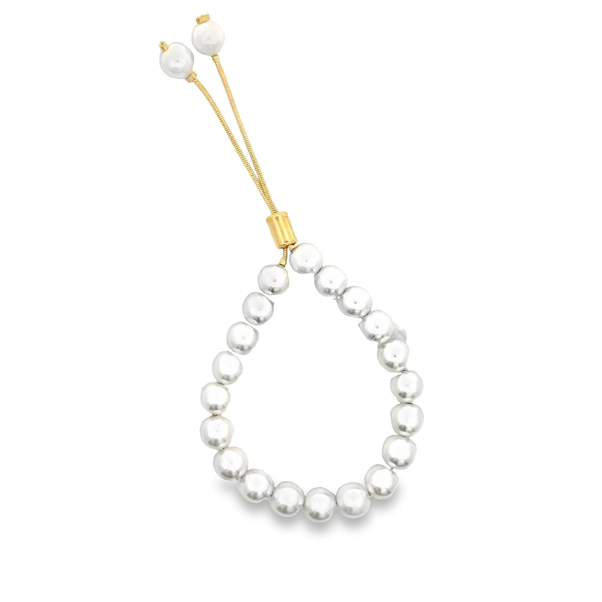 A teardrop-shaped bracelet made of lustrous silver beads features a delicate gold closure with dangling pearl charms.