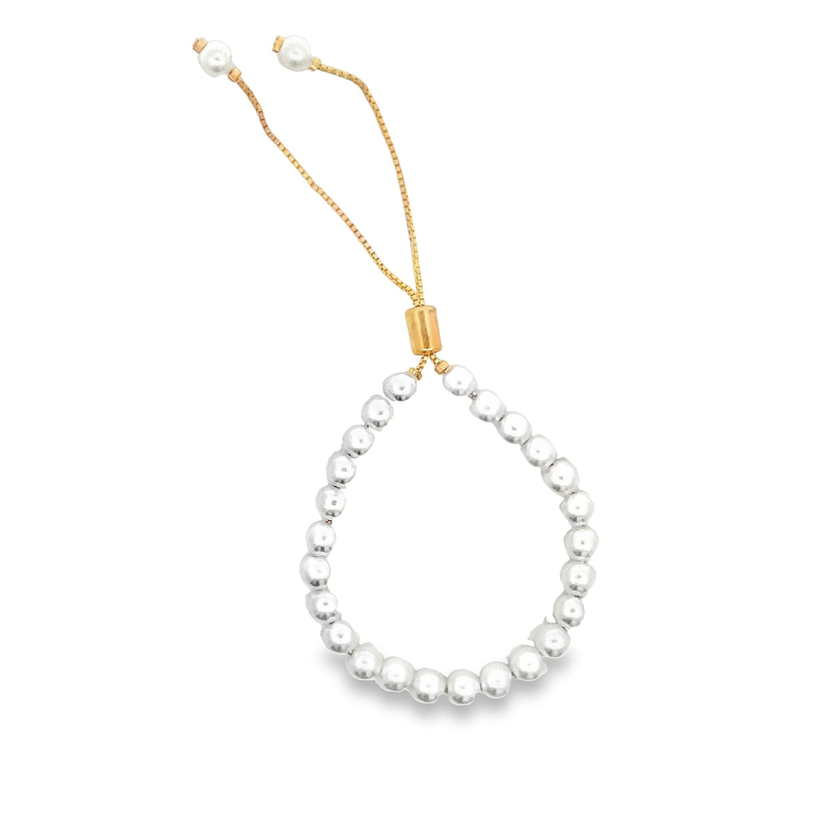 An adjustable gold bracelet features a circle of white pearls with dangling gold chains tipped with pearls.