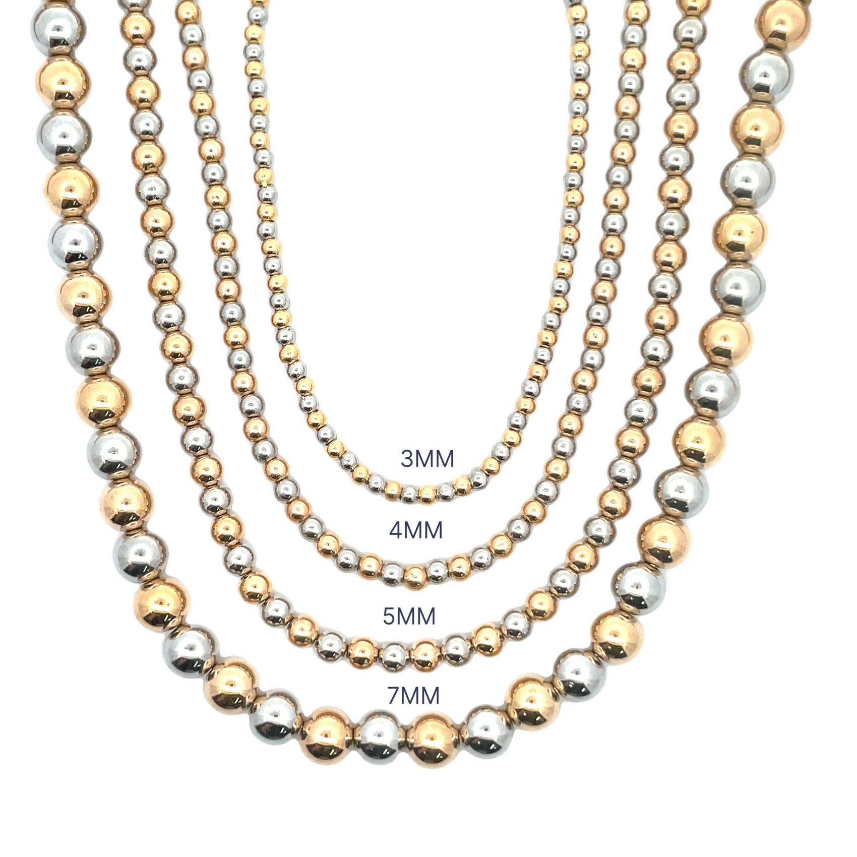 Four mixed-metal beaded necklaces display alternating gold and silver spheres in 3mm, 4mm, 5mm, and 7mm sizes.