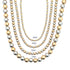 Four mixed-metal beaded necklaces display alternating gold and silver spheres in 3mm, 4mm, 5mm, and 7mm sizes.