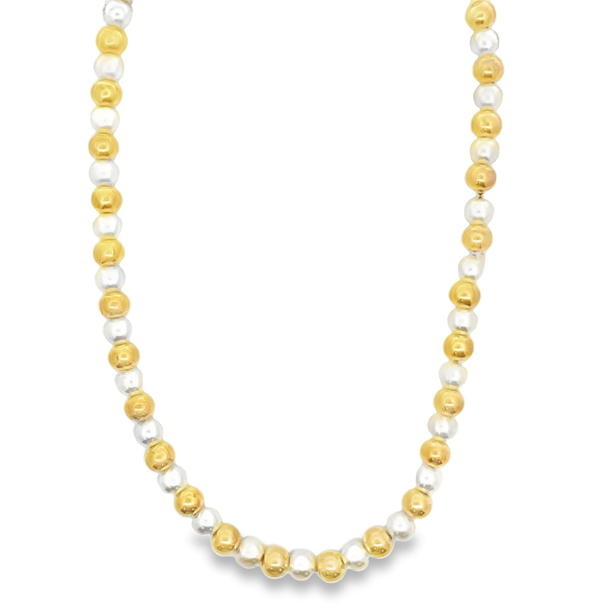 An elegant two-tone beaded necklace features a continuous alternating pattern of polished gold and silver spheres against a clean white background.