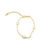 A delicate gold bead bracelet features three evenly spaced white pearls and an adjustable extension chain against a clean white background.